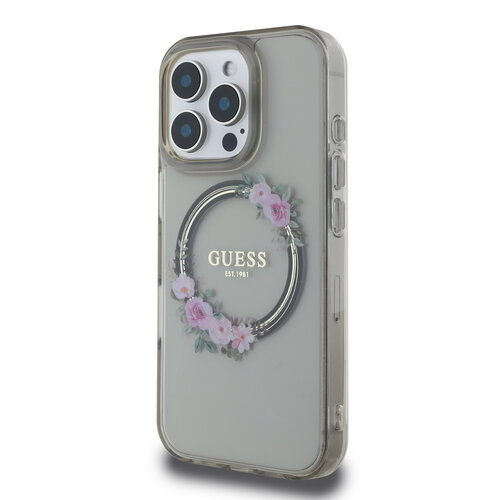 Guess Guess iPhone 16 Pro Max Back cover case - Magsafe IML Flowers - Black