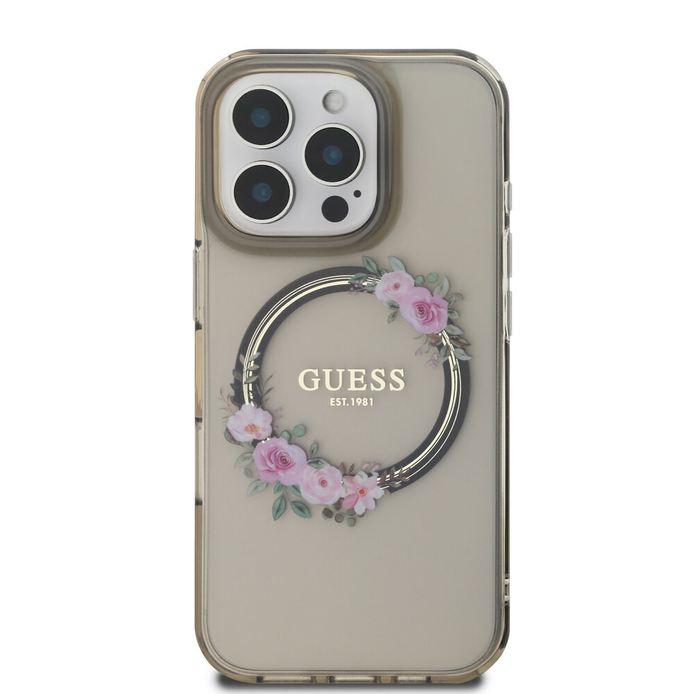 Guess Guess iPhone 16 Pro Max Backcover hoesje Magsafe IML Flowers - Zwart Guess Guess iPhone 16 Pro Max Backcover hoesje Magsafe IML Flowers - Zwart