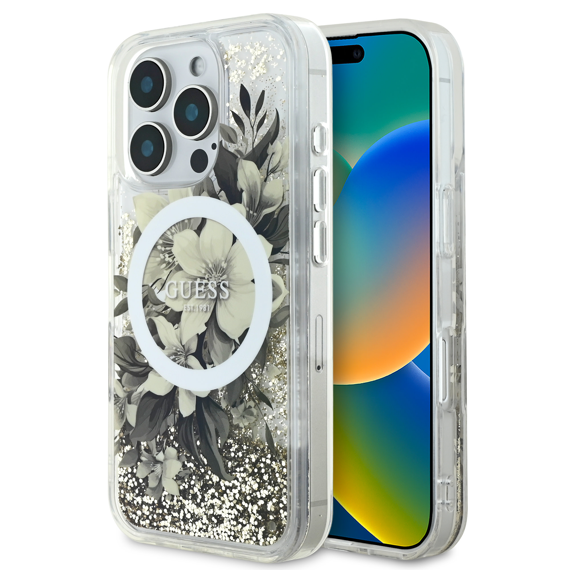 Guess Guess iPhone 16 Pro Max Backcover hoesje Magsafe Liquid Glitter - Beige
