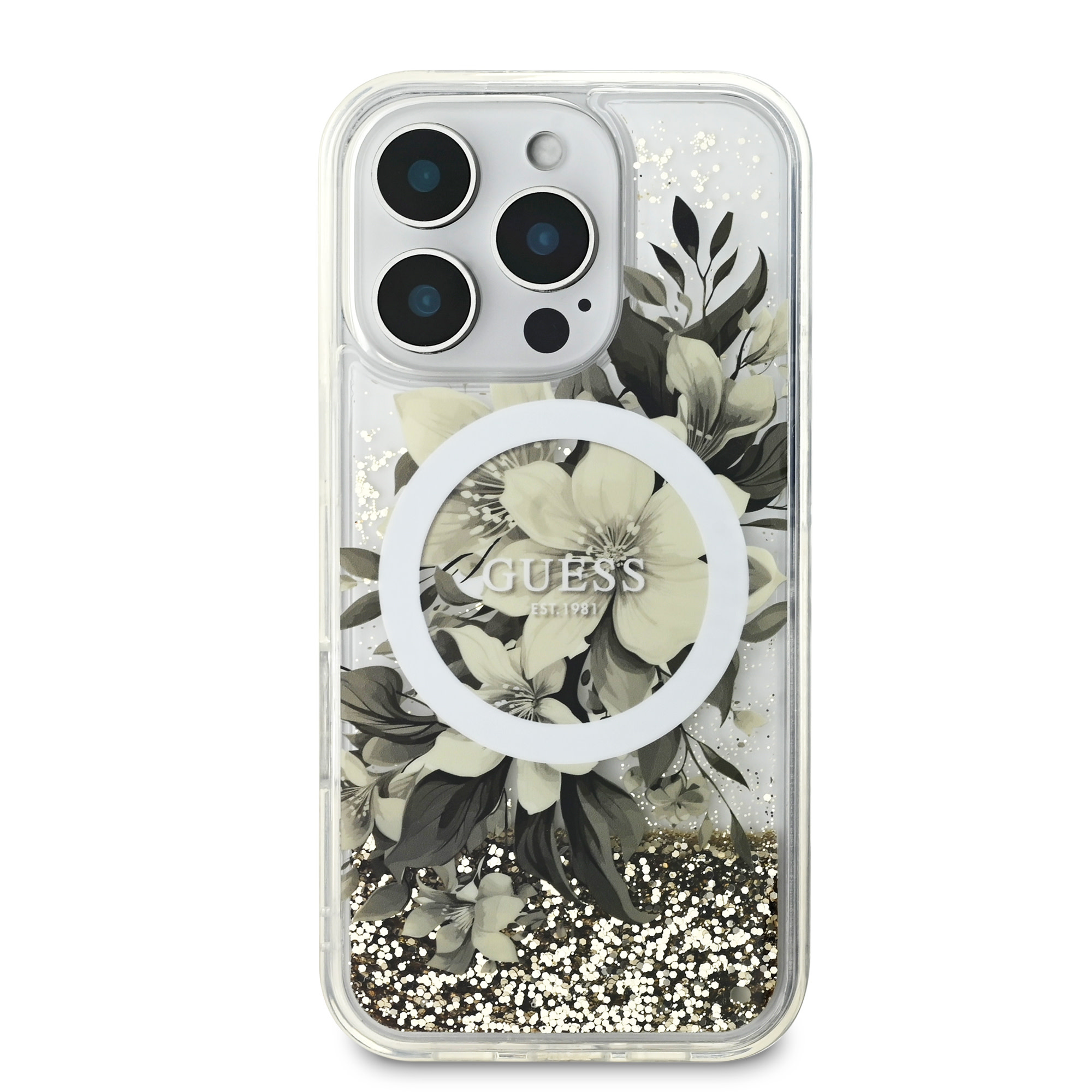 Guess Guess iPhone 16 Pro Max Backcover hoesje Magsafe Liquid Glitter - Beige, foto 3 van 6