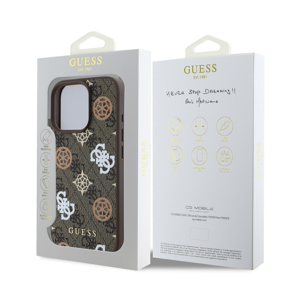 Guess Guess iPhone 16 Pro Max Back-Cover hul - Magsafe - Peony on 4G - Braun Guess Guess iPhone 16 Pro Max Back-Cover hul - Magsafe - Peony on 4G - Braun