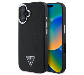 Guess Guess iPhone 16 Backcover hoesje Magsafe grained PU triangle - Zwart Guess Guess iPhone 16 Backcover hoesje Magsafe grained PU triangle - Zwart