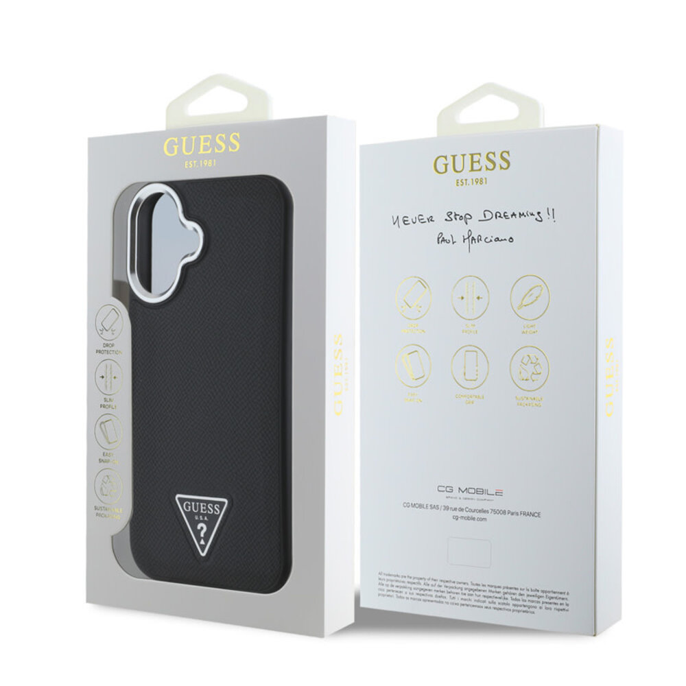 Guess Guess iPhone 16 Back cover coque Magsafe grained PU triangle - Noir Guess Guess iPhone 16 Back cover coque Magsafe grained PU triangle - Noir
