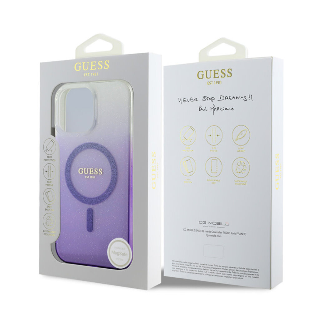 Guess Guess iPhone 16 Pro Max Back cover case - Magsafe IML glitter gradient - Purple Guess Guess iPhone 16 Pro Max Back cover case - Magsafe IML glitter gradient - Purple