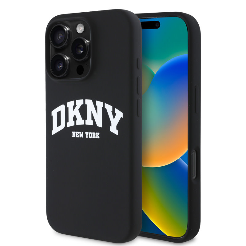 DKNY DKNY iPhone 16 Pro Backcover hoesje Magsafe - Liquid Silicone - White Arch Logo - Zwart