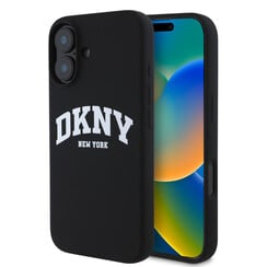 DKNY iPhone 16 Back cover case - Magsafe - Liquid Silicone - White Arch Logo - Black