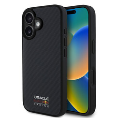Red Bull Racing iPhone 16 Backcover hoesje Magsafe - Carbon Fiber - Shiny logo - Zwart