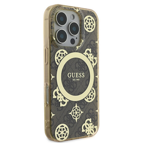Guess Guess iPhone 16 Pro Back-Cover hul - Magsafe IML peony - Braun Guess Guess iPhone 16 Pro Back-Cover hul - Magsafe IML peony - Braun