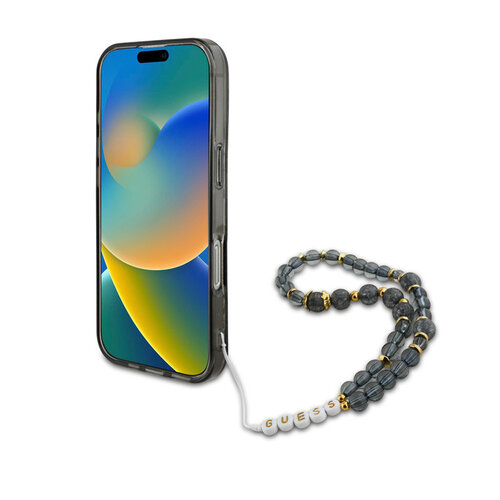 Guess Guess iPhone 16 Pro Back cover coque Magsafe IML Flowers with pearl strap - Noir