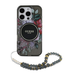 Guess iPhone 16 Pro Back cover case - Magsafe IML Flowers with pearl strap - Black