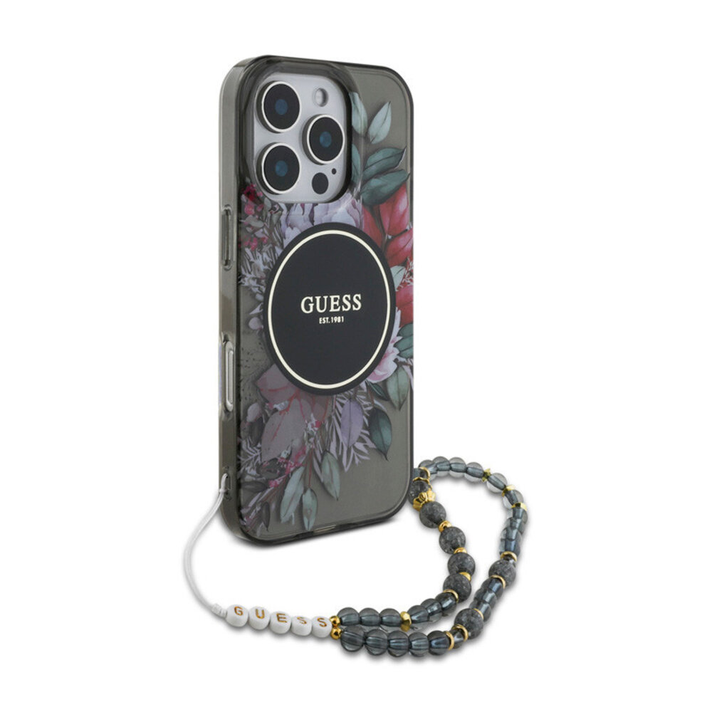 Guess Guess iPhone 16 Pro Back cover coque Magsafe IML Flowers with pearl strap - Noir Guess Guess iPhone 16 Pro Back cover coque Magsafe IML Flowers with pearl strap - Noir