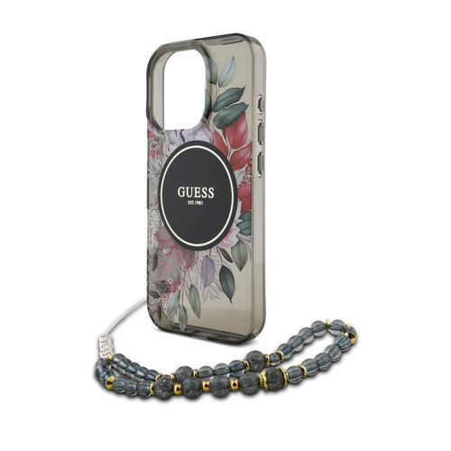 Guess Guess iPhone 16 Pro Back-Cover hul - Magsafe IML Flowers with pearl strap - Schwarz