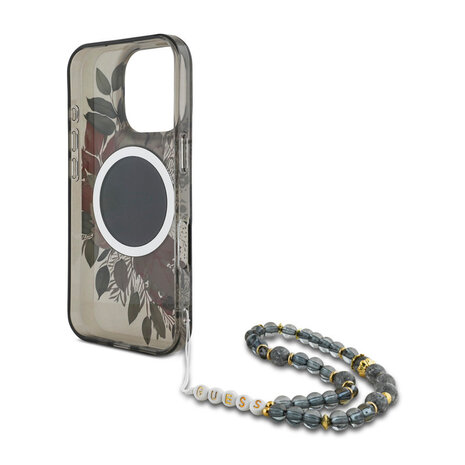 Guess Guess iPhone 16 Pro Backcover hoesje Magsafe IML Flowers with pearl strap - Zwart Guess Guess iPhone 16 Pro Backcover hoesje Magsafe IML Flowers with pearl strap - Zwart