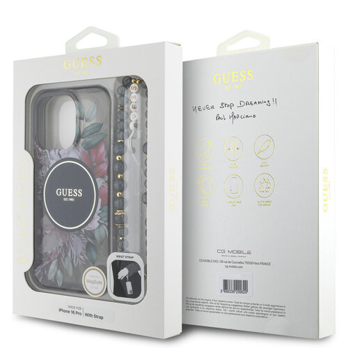 Guess Guess iPhone 16 Pro Back cover coque Magsafe IML Flowers with pearl strap - Noir