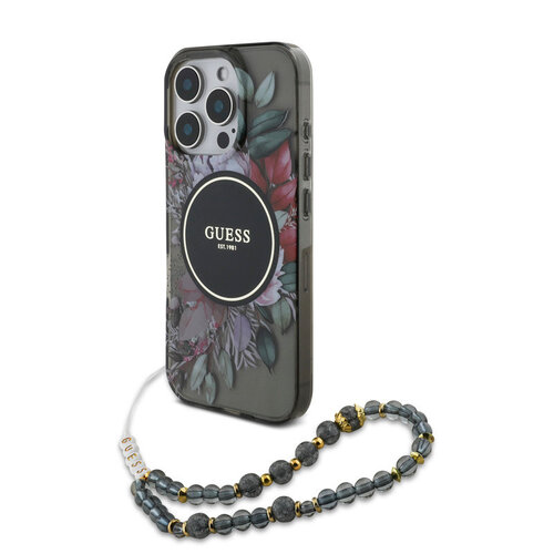 Guess Guess iPhone 16 Pro Backcover hoesje Magsafe IML Flowers with pearl strap - Zwart
