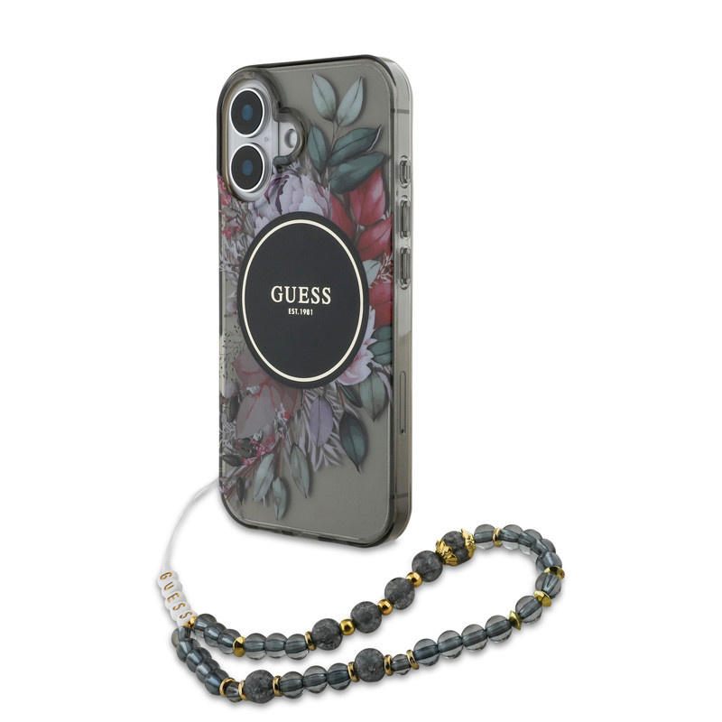Guess Guess iPhone 16 Backcover hoesje - Magsafe IML Flowers with pearl strap - Zwart, foto 2 van 6