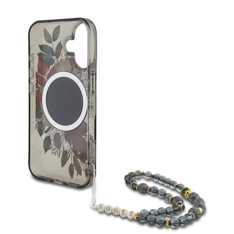 Guess Guess iPhone 16 Backcover hoesje - Magsafe IML Flowers with pearl strap - Zwart, foto 5 van 6
