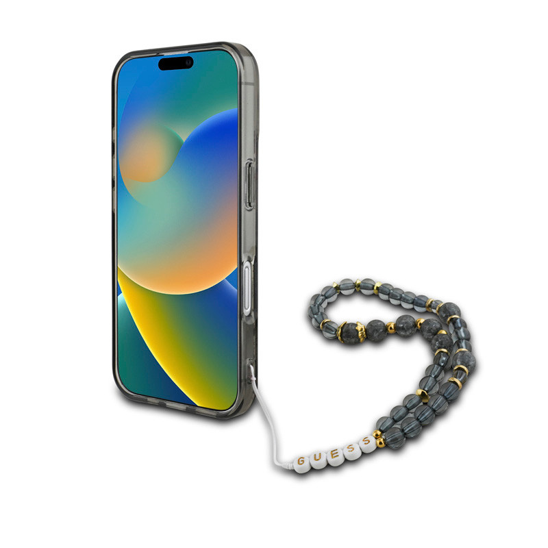 Guess Guess iPhone 16 Backcover hoesje - Magsafe IML Flowers with pearl strap - Zwart, foto 6 van 6