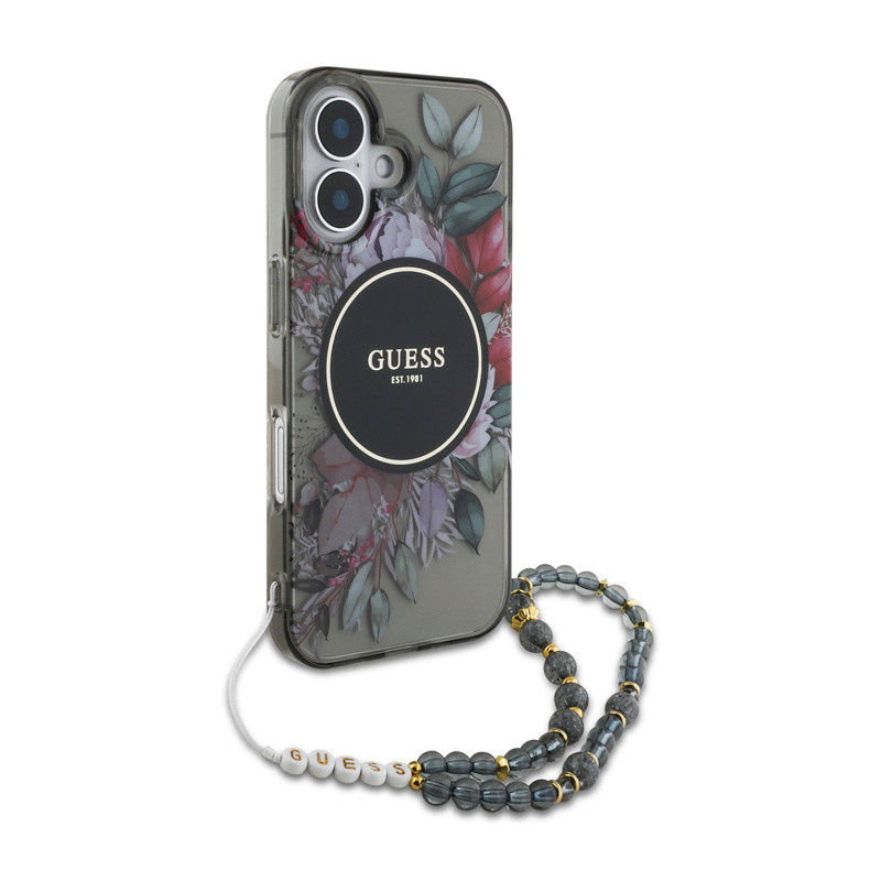 Guess Guess iPhone 16 Backcover hoesje - Magsafe IML Flowers with pearl strap - Zwart, foto 3 van 6
