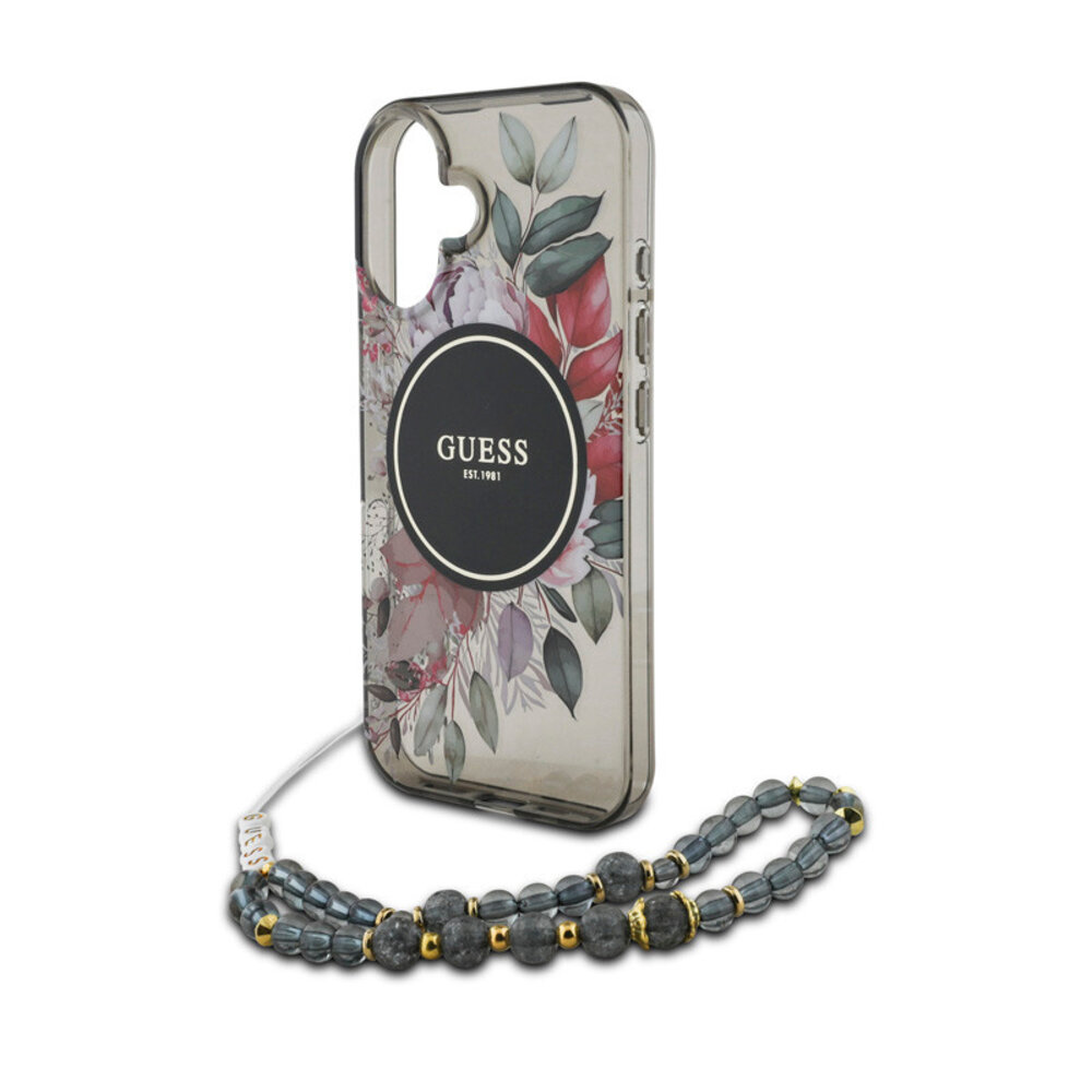 Guess Guess iPhone 16 Back-Cover hul - Magsafe IML Flowers with pearl strap - Schwarz Guess Guess iPhone 16 Back-Cover hul - Magsafe IML Flowers with pearl strap - Schwarz