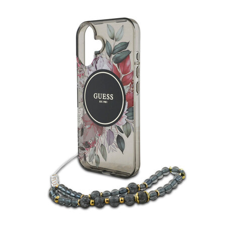 Guess Guess iPhone 16 Back-Cover hul - Magsafe IML Flowers with pearl strap - Schwarz Guess Guess iPhone 16 Back-Cover hul - Magsafe IML Flowers with pearl strap - Schwarz