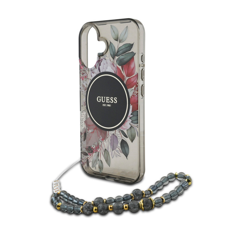Guess Guess iPhone 16 Backcover hoesje - Magsafe IML Flowers with pearl strap - Zwart, foto 4 van 6