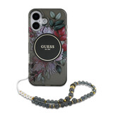 Guess Guess iPhone 16 Back cover case - Magsafe IML Flowers with pearl strap - Black Guess Guess iPhone 16 Back cover case - Magsafe IML Flowers with pearl strap - Black