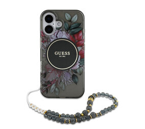 Guess Guess iPhone 16 Backcover hoesje - Magsafe IML Flowers with pearl strap - Zwart Guess Guess iPhone 16 Backcover hoesje - Magsafe IML Flowers with pearl strap - Zwart
