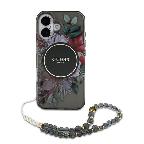 Guess Guess iPhone 16 Back cover coque - Magsafe IML Flowers with pearl strap - Noir Guess Guess iPhone 16 Back cover coque - Magsafe IML Flowers with pearl strap - Noir