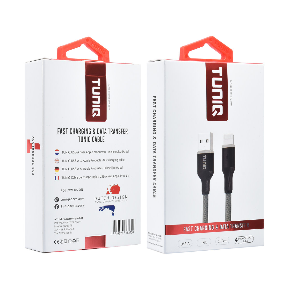 TUNIQ TUNIQ Lightning USB Kabel 100cm snellader dataoverdracht - Grijs, foto 2 van 2