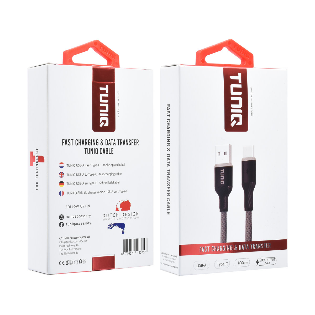 TUNIQ TUNIQ USB Type-C Kabel 100cm snellader dataoverdracht - Grijs, foto 2 van 2