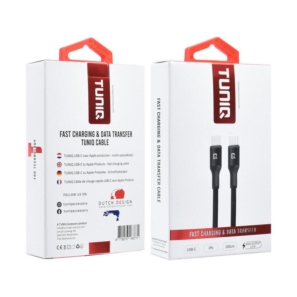 TUNIQ TUNIQ USB-C to Lightning Kabel - 100cm - Zwart TUNIQ TUNIQ USB-C to Lightning Kabel - 100cm - Zwart