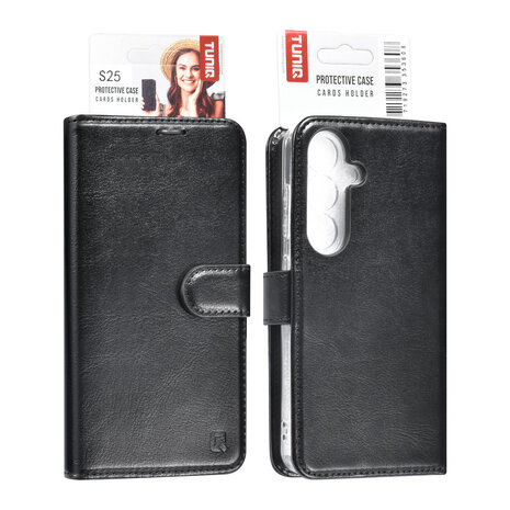 TUNIQ TUNIQ Galaxy S25 Book type case - Card holder for 3 cards - Magnetic closure - Black TUNIQ TUNIQ Galaxy S25 Book type case - Card holder for 3 cards - Magnetic closure - Black