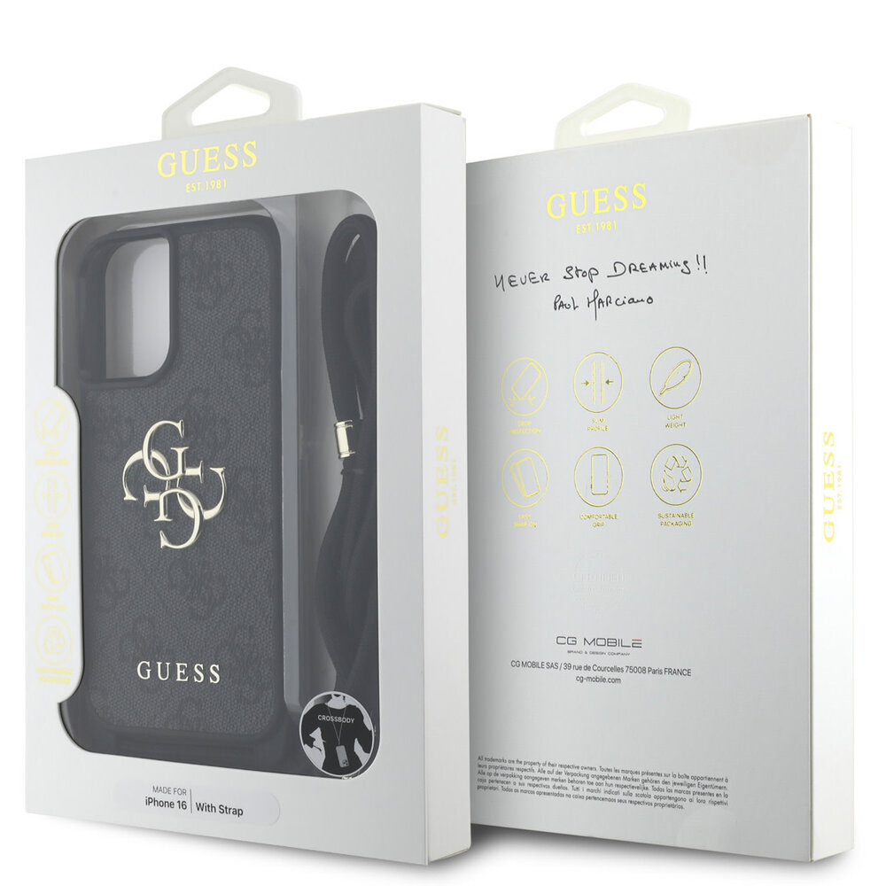 Guess Guess iPhone 16 Backcover hoesje - Crossbody 4G Big Logo - Cord Strap - Zwart Guess Guess iPhone 16 Backcover hoesje - Crossbody 4G Big Logo - Cord Strap - Zwart