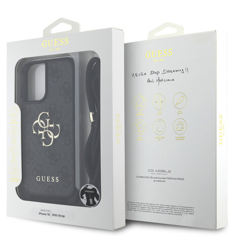 Guess Guess iPhone 16 Backcover hoesje - Crossbody 4G Big Logo - Cord Strap - Zwart Guess Guess iPhone 16 Backcover hoesje - Crossbody 4G Big Logo - Cord Strap - Zwart
