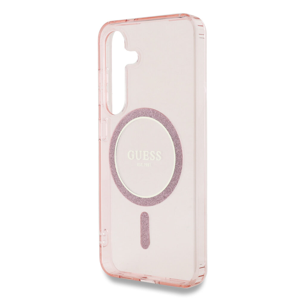 Guess Guess Galaxy S25 Backcover hoesje - Magnetic IML Glitter Circle - Magsafe - Roze Guess Guess Galaxy S25 Backcover hoesje - Magnetic IML Glitter Circle - Magsafe - Roze
