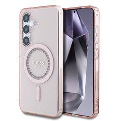 Guess Galaxy S25 Backcover hoesje - Rhinestones Printed Classic Logo - MagSafe - Roze