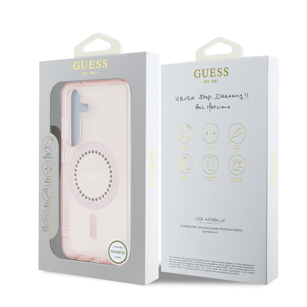 Guess Guess Galaxy S25 Backcover hoesje - Rhinestones Printed Classic Logo - MagSafe - Roze Guess Guess Galaxy S25 Backcover hoesje - Rhinestones Printed Classic Logo - MagSafe - Roze