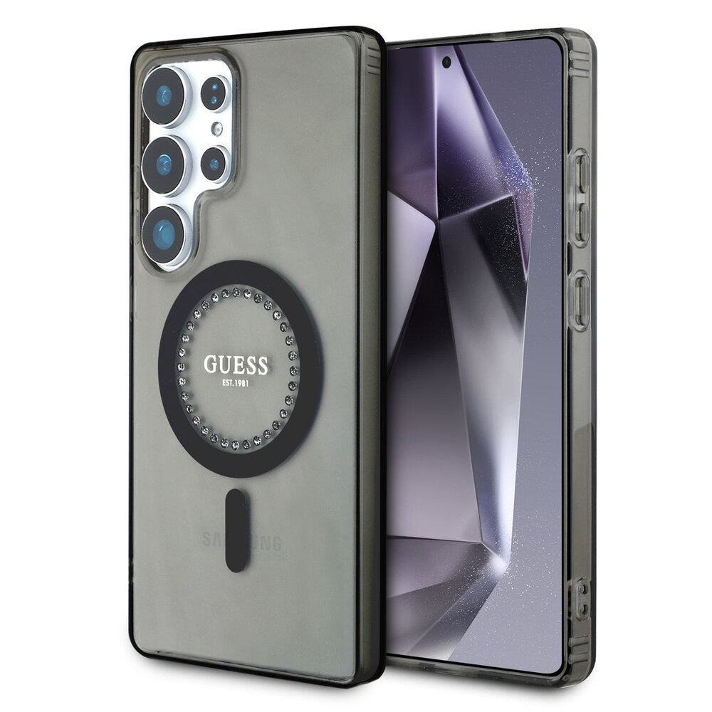 Guess Guess Galaxy S25 Ultra Backcover hoesje - Rhinestones Printed Classic Logo - MagSafe - Zwart Guess Guess Galaxy S25 Ultra Backcover hoesje - Rhinestones Printed Classic Logo - MagSafe - Zwart
