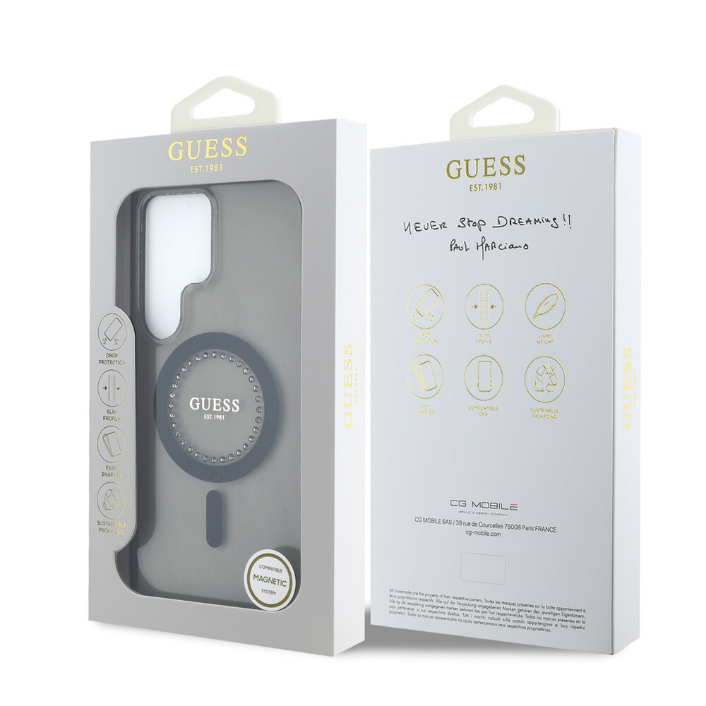 Guess Guess Galaxy S25 Ultra Backcover hoesje - Rhinestones Printed Classic Logo - MagSafe - Zwart Guess Guess Galaxy S25 Ultra Backcover hoesje - Rhinestones Printed Classic Logo - MagSafe - Zwart