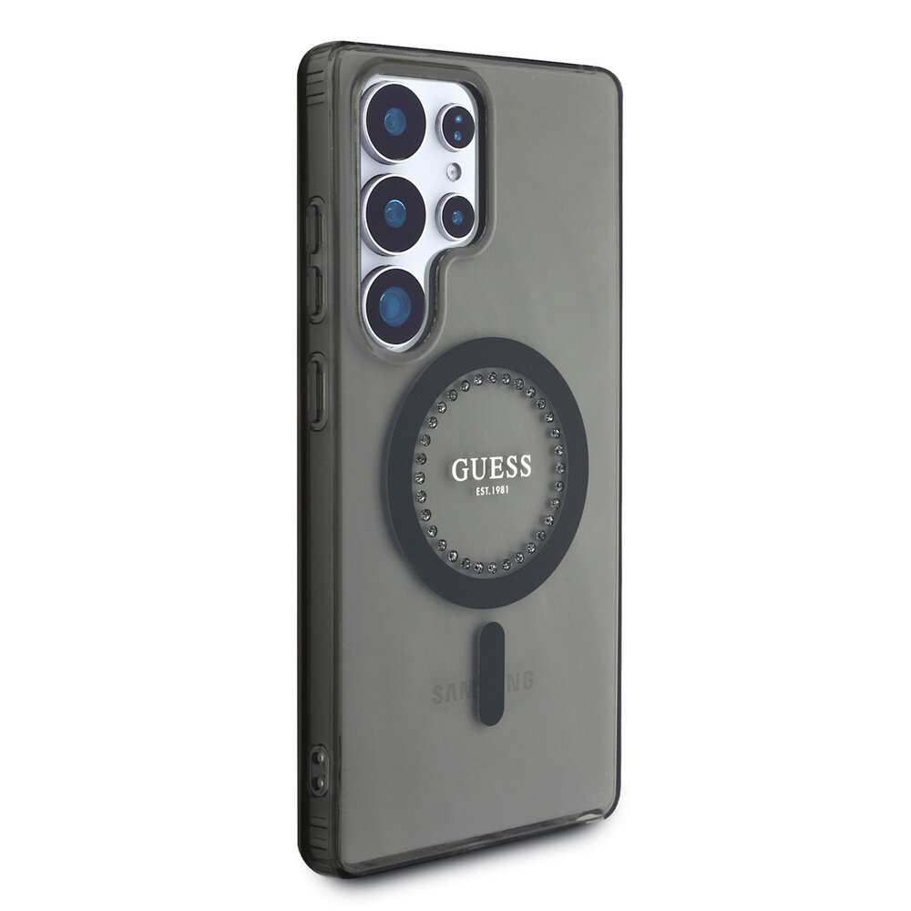 Guess Guess Galaxy S25 Ultra Backcover hoesje - Rhinestones Printed Classic Logo - MagSafe - Zwart Guess Guess Galaxy S25 Ultra Backcover hoesje - Rhinestones Printed Classic Logo - MagSafe - Zwart