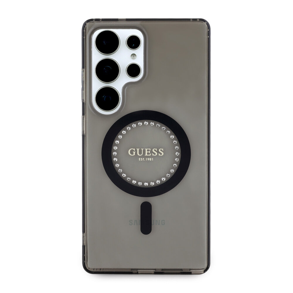 Guess Guess Galaxy S25 Ultra Backcover hoesje - Rhinestones Printed Classic Logo - MagSafe - Zwart Guess Guess Galaxy S25 Ultra Backcover hoesje - Rhinestones Printed Classic Logo - MagSafe - Zwart
