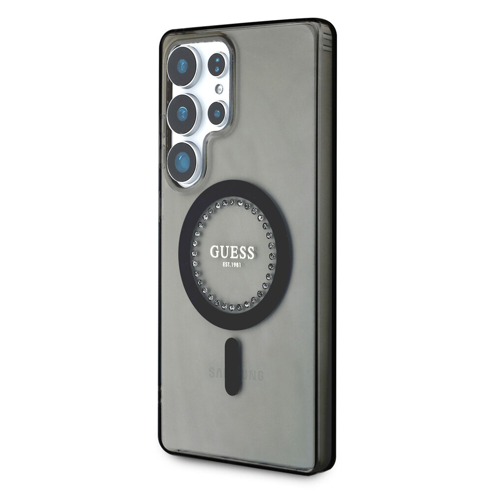 Guess Guess Galaxy S25 Ultra Backcover hoesje - Rhinestones Printed Classic Logo - MagSafe - Zwart Guess Guess Galaxy S25 Ultra Backcover hoesje - Rhinestones Printed Classic Logo - MagSafe - Zwart