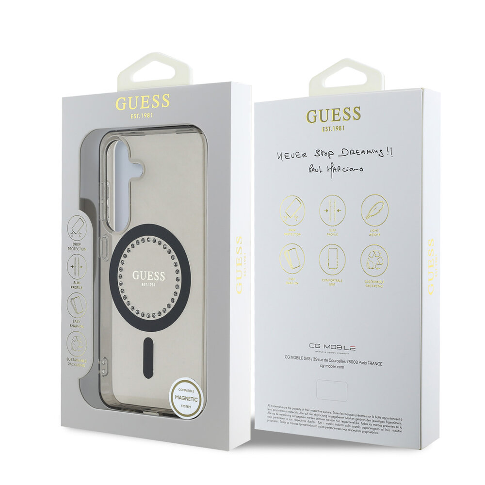 Guess Guess Galaxy S25 Backcover hoesje - Rhinestones Printed Classic Logo - MagSafe - Zwart Guess Guess Galaxy S25 Backcover hoesje - Rhinestones Printed Classic Logo - MagSafe - Zwart