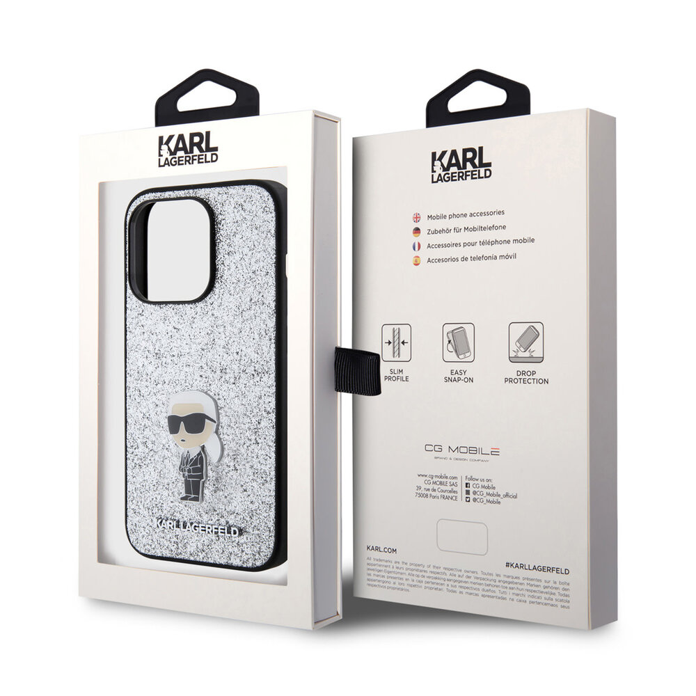 Karl Lagerfeld Karl Lagerfeld iPhone 15 Pro Backcover hoesje - Fixed Glitter - Ikonik K Logo - Zilver Karl Lagerfeld Karl Lagerfeld iPhone 15 Pro Backcover hoesje - Fixed Glitter - Ikonik K Logo - Zilver