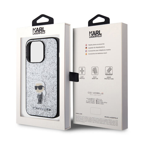 Karl Lagerfeld Karl Lagerfeld iPhone 15 Pro Backcover hoesje - Fixed Glitter - Ikonik K Logo - Zilver Karl Lagerfeld Karl Lagerfeld iPhone 15 Pro Backcover hoesje - Fixed Glitter - Ikonik K Logo - Zilver