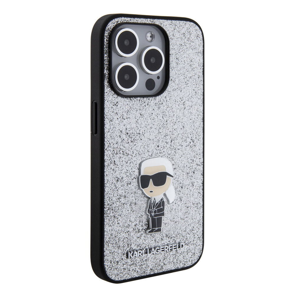 Karl Lagerfeld Karl Lagerfeld iPhone 15 Pro Back cover case - Fixed Glitter - Ikonik K Logo - Silver Karl Lagerfeld Karl Lagerfeld iPhone 15 Pro Back cover case - Fixed Glitter - Ikonik K Logo - Silver
