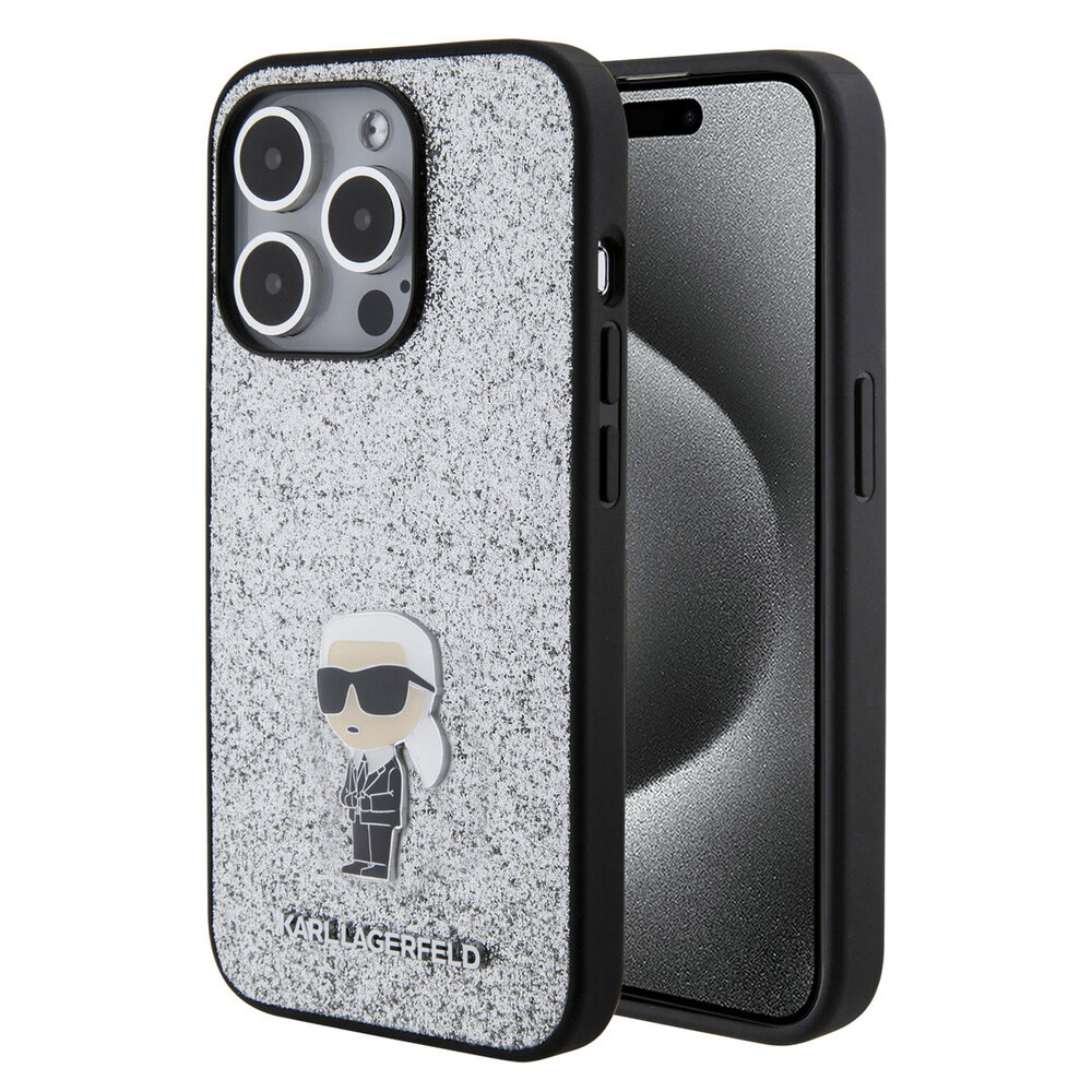 Karl Lagerfeld Karl Lagerfeld iPhone 15 Pro Back cover case - Fixed Glitter - Ikonik K Logo - Silver Karl Lagerfeld Karl Lagerfeld iPhone 15 Pro Back cover case - Fixed Glitter - Ikonik K Logo - Silver
