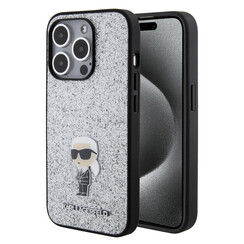 Karl Lagerfeld iPhone 15 Pro Backcover hoesje - Fixed Glitter - Ikonik K Logo - Zilver