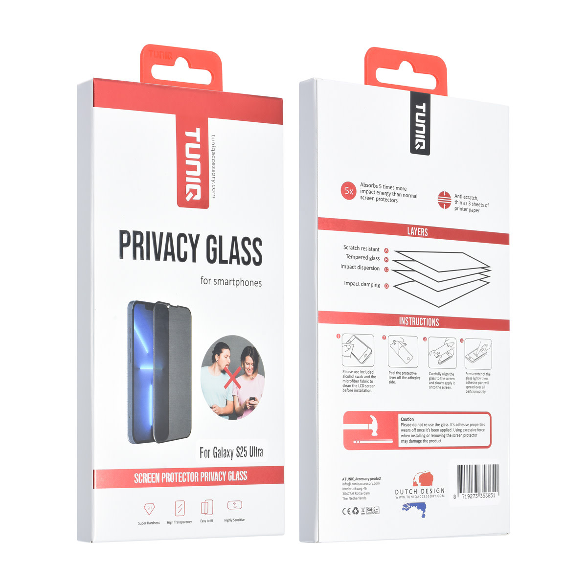 TUNIQ box of 10 - TUNIQ Galaxy S25 Ultra Screenprotector - Privacy Glass - Zwart, foto 2 van 2